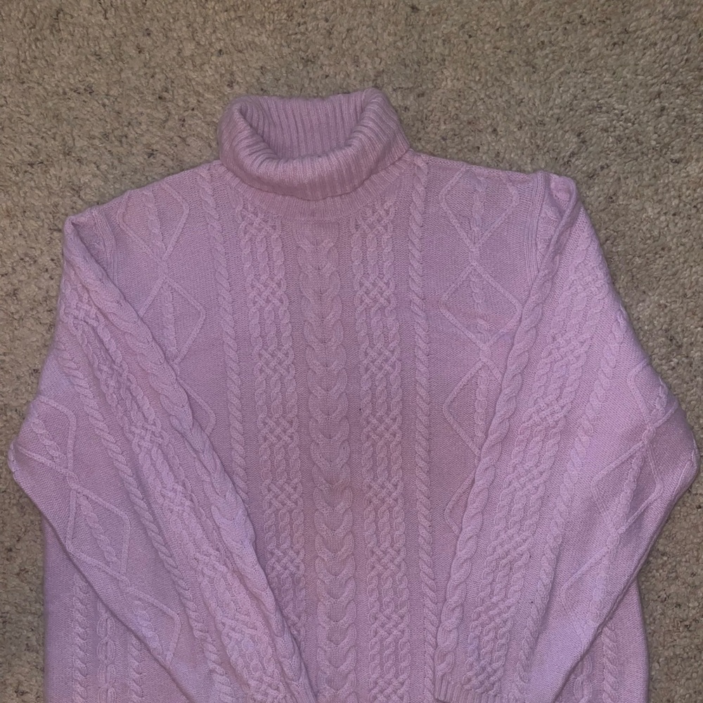 Pink Cable Knit Cashmere Turtleneck Sweater